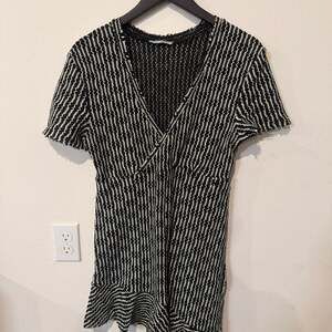 Zara W&B Collection Green and White Textured Knit Asymmetrical Mini Dress